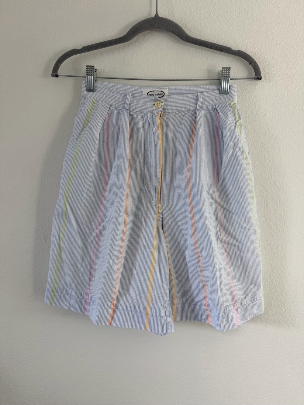 Vintage Cool Mint Pastel Stripe Seersucker Cotton High Waisted Shorts Size Small